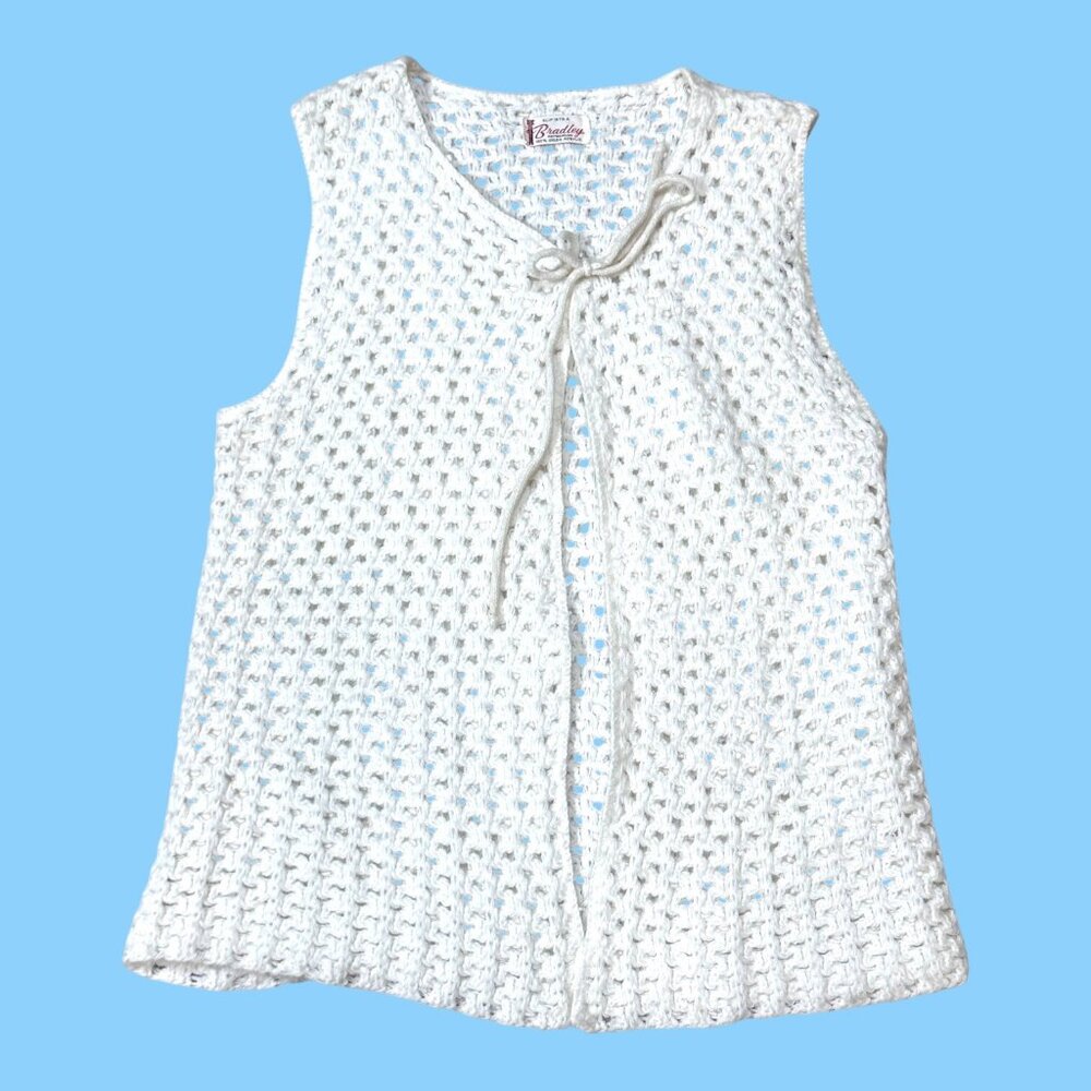 Vintage Bradley Knitwear Crochet White Open Vest Tie Closure 100% Orlon Top Boho